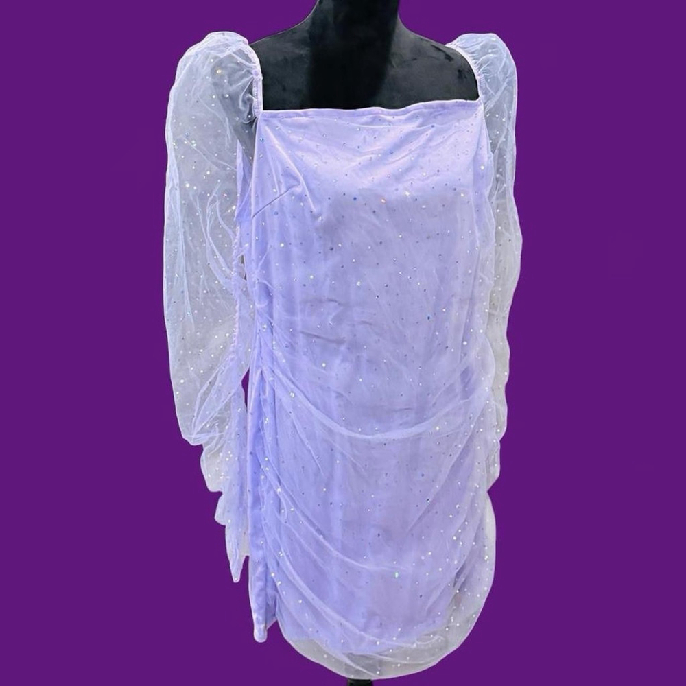 Lavender Sparkle Mini Dress with Sheer Puff Sleeves - Picture 7 of 10
